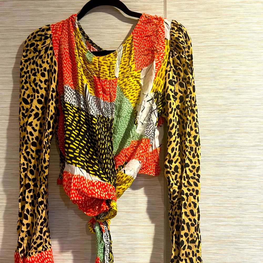 Anthropologie Tie Waist Mix Print Blouse